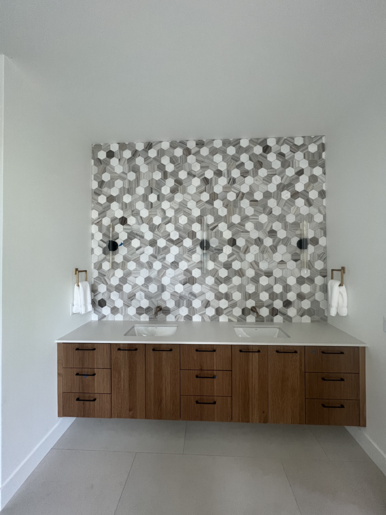 Floating Double Vanity & Geometric Tile Backsplash